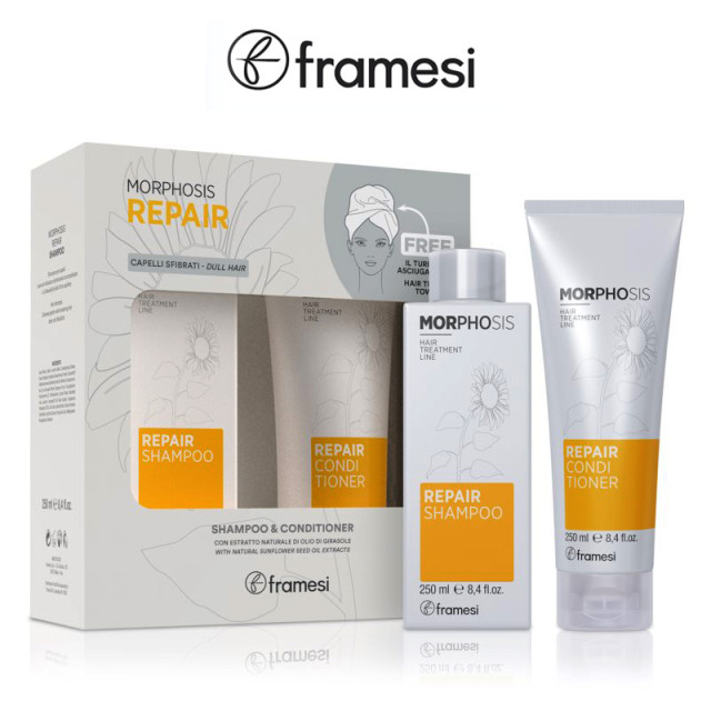 Възстановяващ комплект шампоан и балсам за суха и увредена коса Framesi Morphosis Repair 2х250 мл + подарък