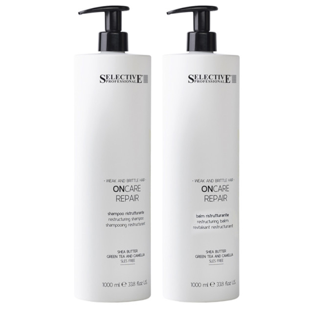Възстановяващ комплект шампоан и балсам за увредена и накъсана коса Selective On Care Repair 2x1000ml