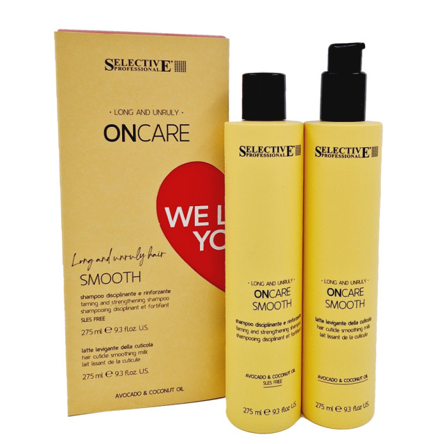 Заглаждащ и подхранващ комплект шампоан и мляко за непокорна коса Selective ONcare We Love You Smooth