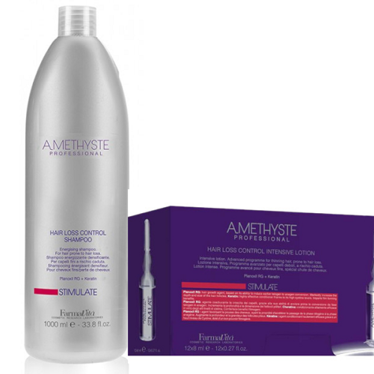 Комплект ампули и шампоан за стимулиране на растежа и против косопад FarmaVita Amethyste Stimulate 1000/12x8ml